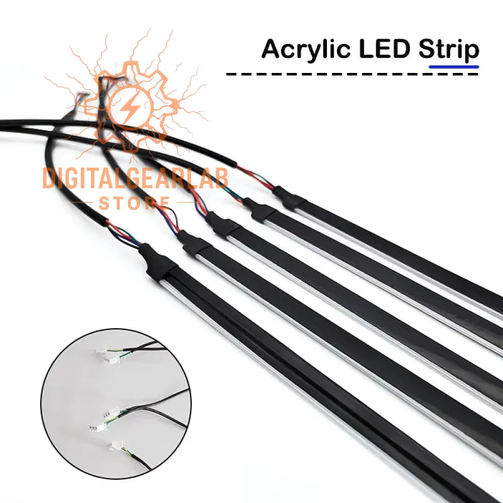 Black acrylic led strip with exposed multi-colored wiring and black connectors.