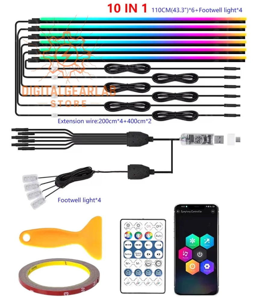 10-in-1 led lighting kit with 6 colorful strips, 4 footwell lights, and a smartphone app controller.
