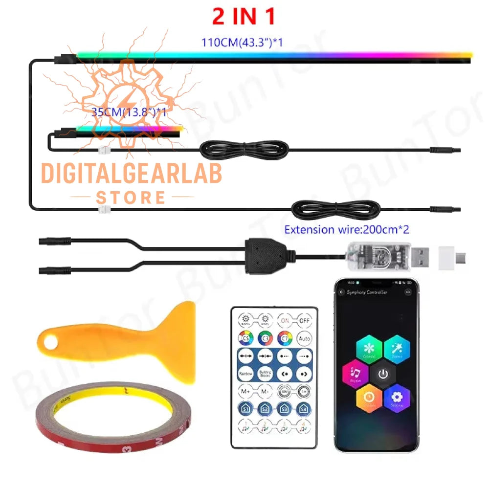 110cm rgb led strip light with 35cm auxiliary segment, remote control and smartphone app for color customization.