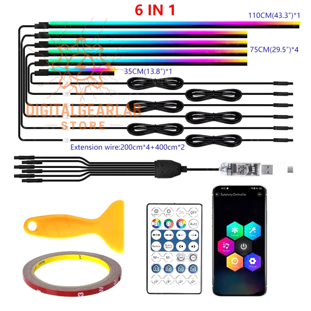 Six led light strips in assorted lengths and vibrant rainbow colors, bundled with black cables and accompanied by a remote control and smartphone app for customization.
