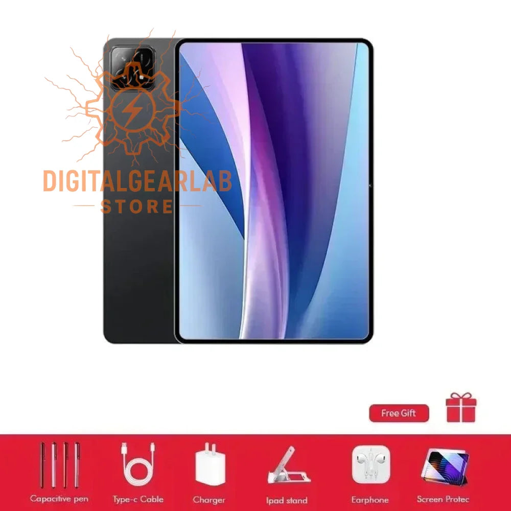 2021 samsung galaxy tab s7+ 5g tablet, black and silver back panel with a sleek design.