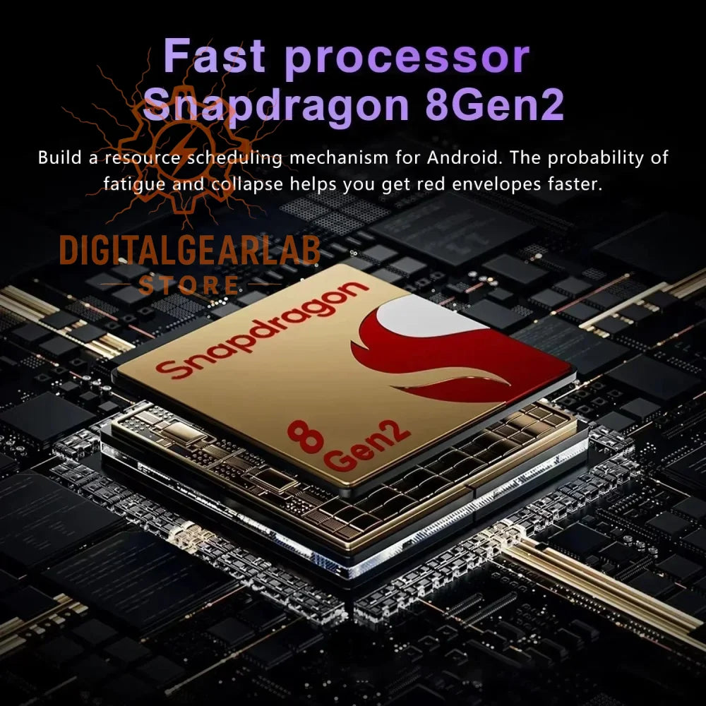 Gold snapdragon 8gen2 processor with red and white logo on circuit board