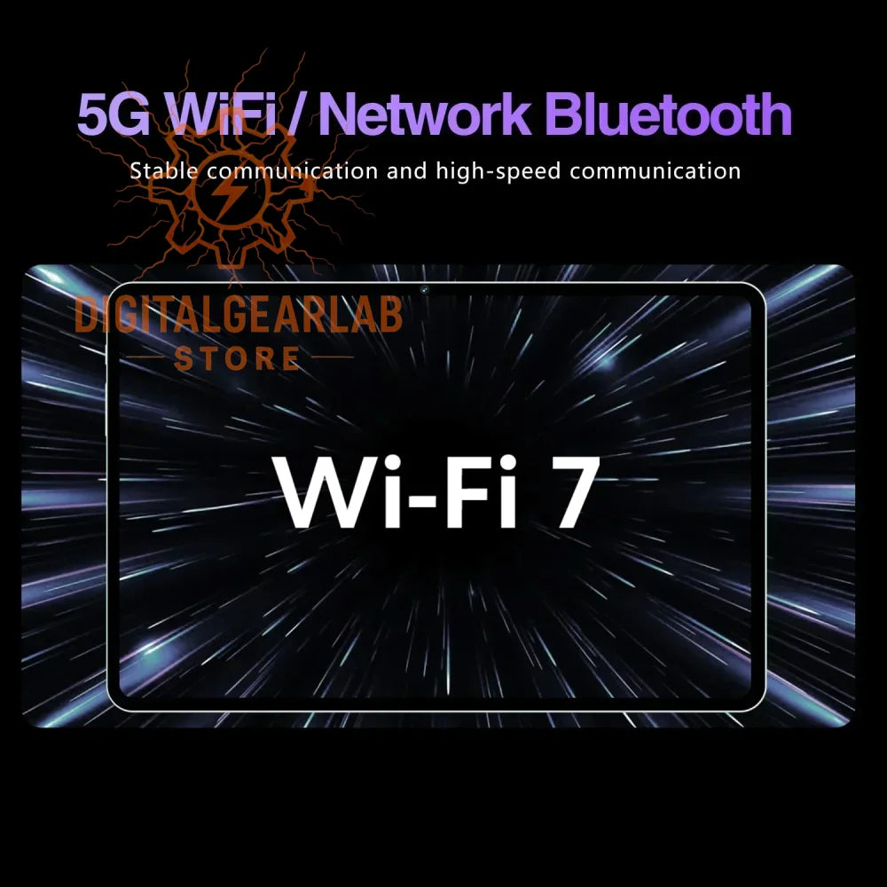 5g wifi 7 tablet with a futuristic design and starry background.