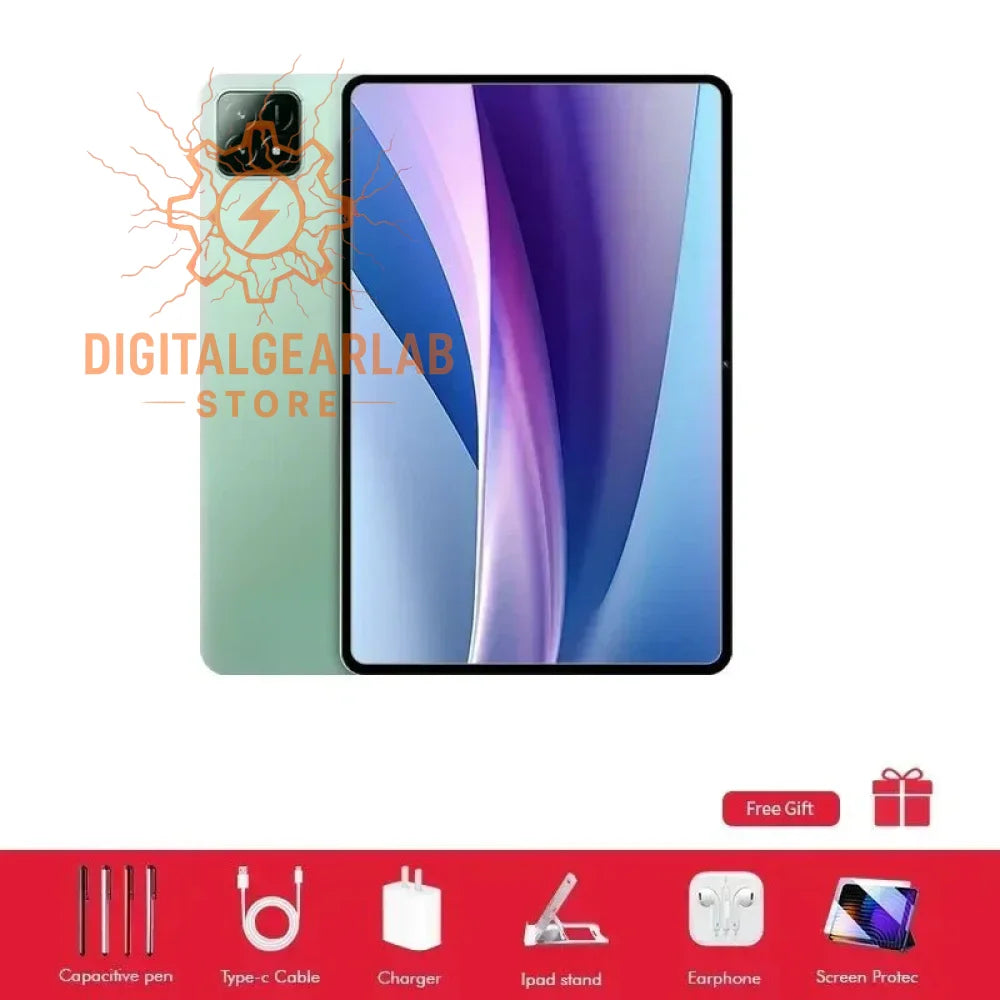 Green and purple smartphone with a sleek design, capacitive pen included as accessory.