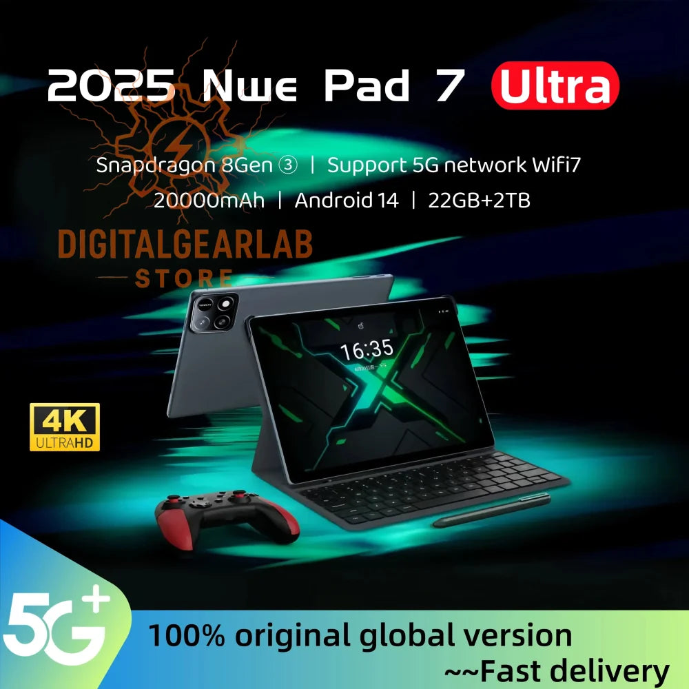 2025 nue pad 7 ultra tablet with a sleek black design, featuring an ultra-thin keyboard attachment and vibrant green screen.