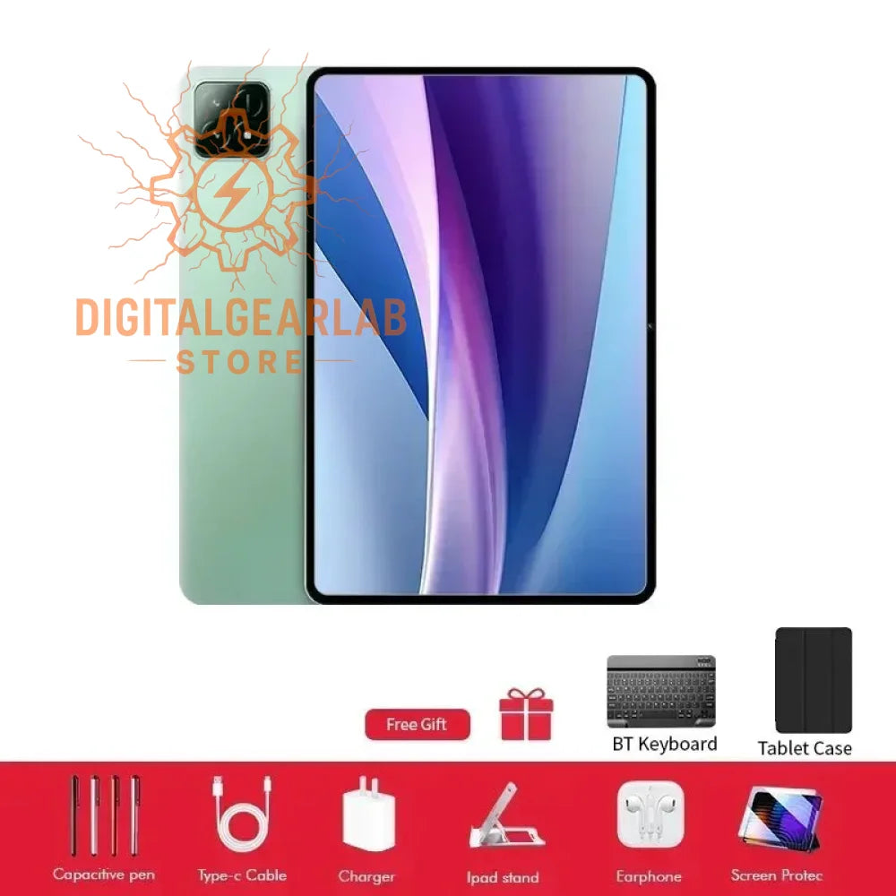 Green and purple gradient tablet with a sleek black frame, capacitive pen included as free gift.