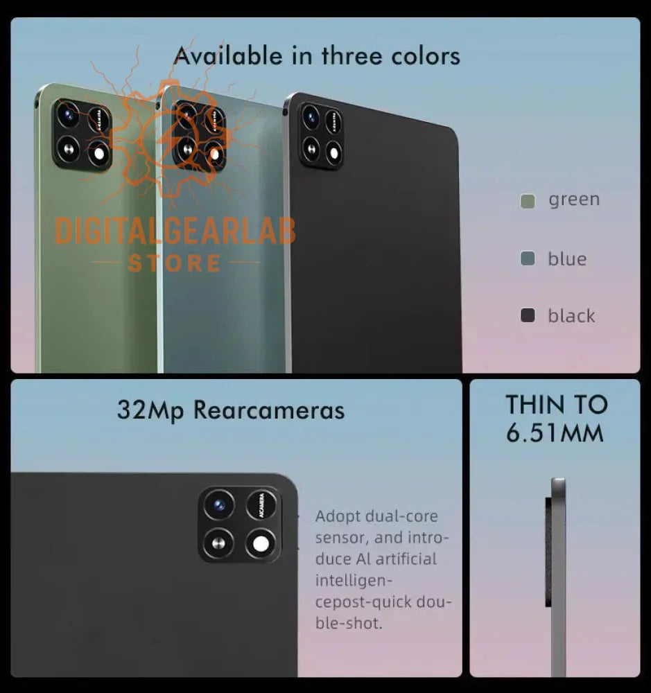 32mp triple-lens smartphone with a sleek black, blue, and green finish.