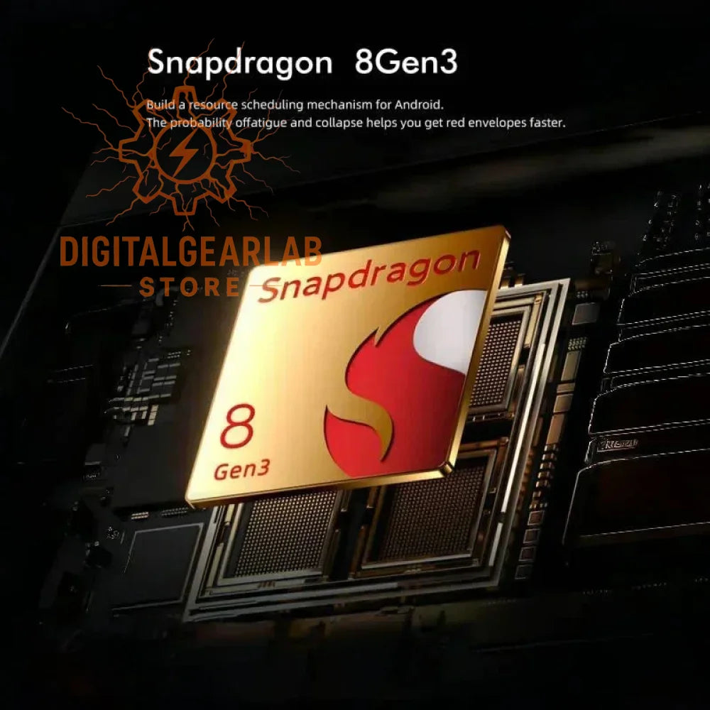 Gold snapdragon 8 gen3 processor with red and black accents.