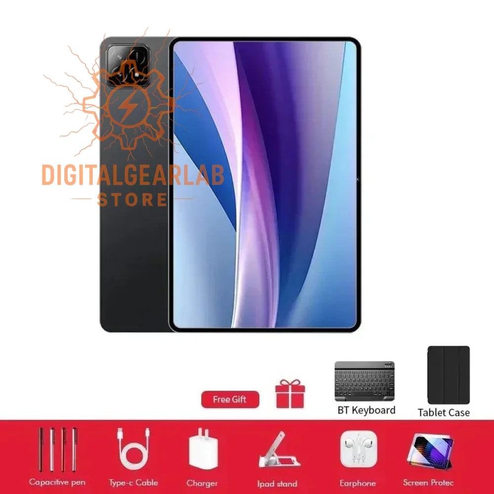 2023 ipad pro 12.9-inch, space gray aluminum body with a sleek black screen bezel and vibrant display featuring an apple pencil compatibility port at the bottom edge.