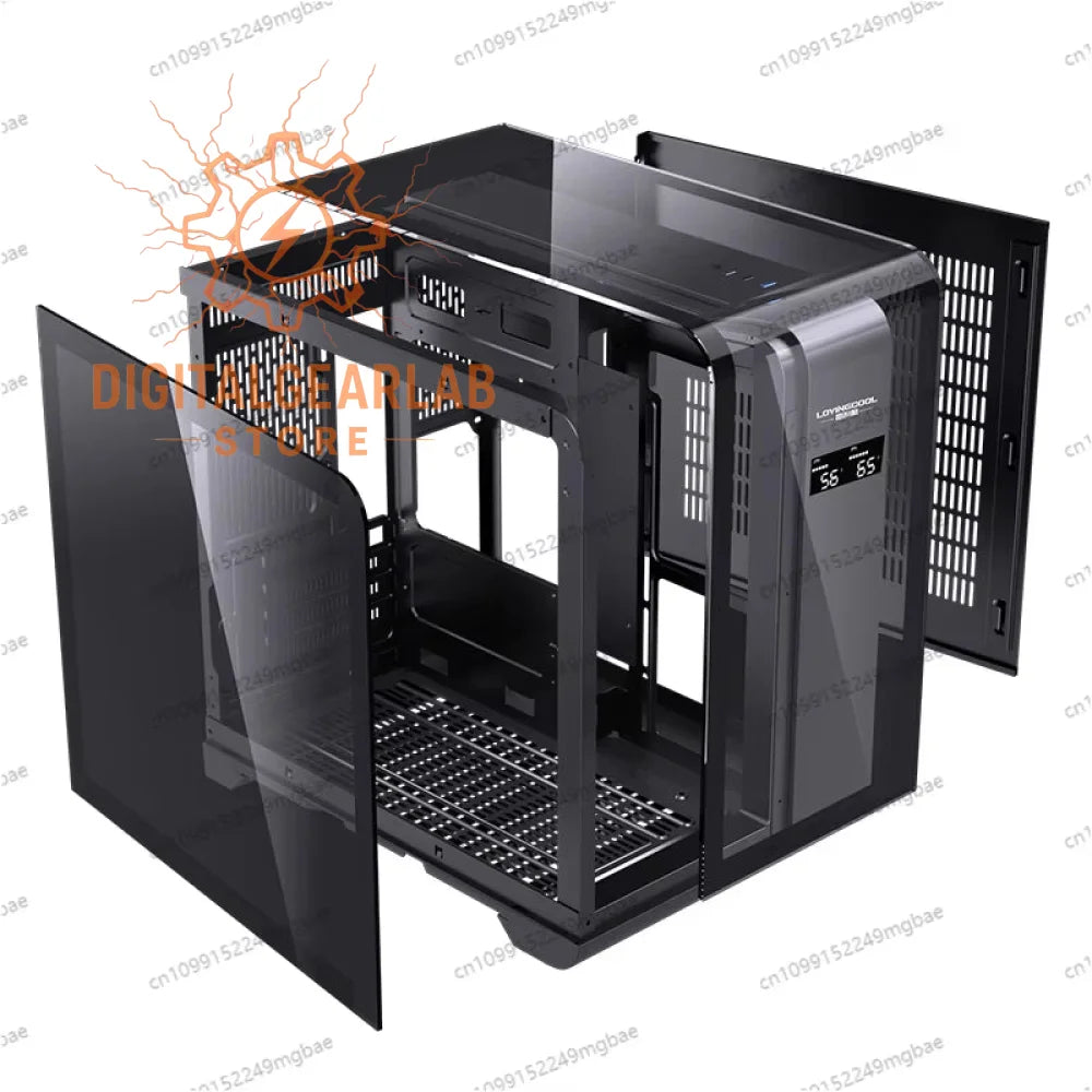 Black open-frame computer case with transparent side panels and a digital temperature display.