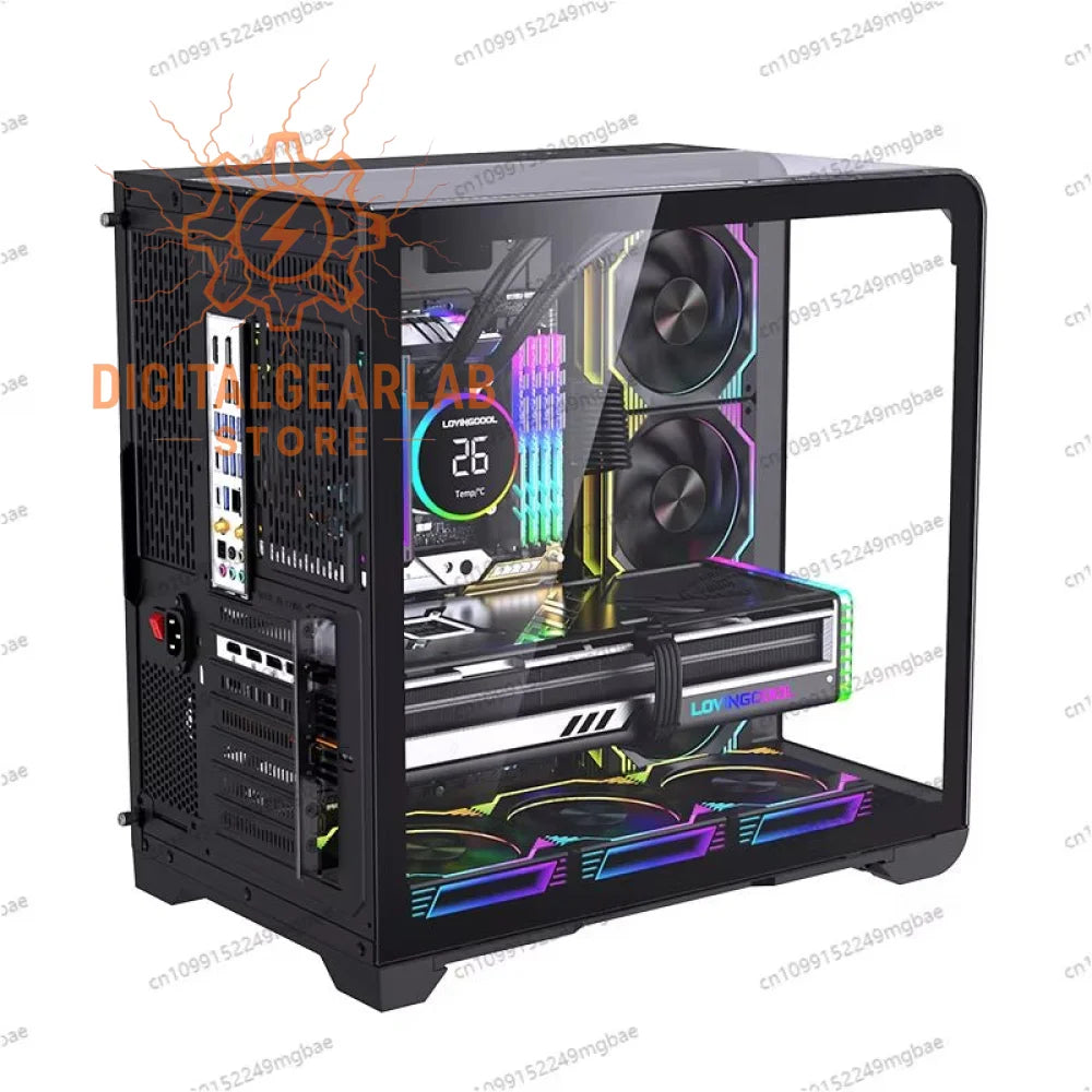 Black and transparent gaming pc case with rgb lighting, featuring a large side window showcasing internal components.