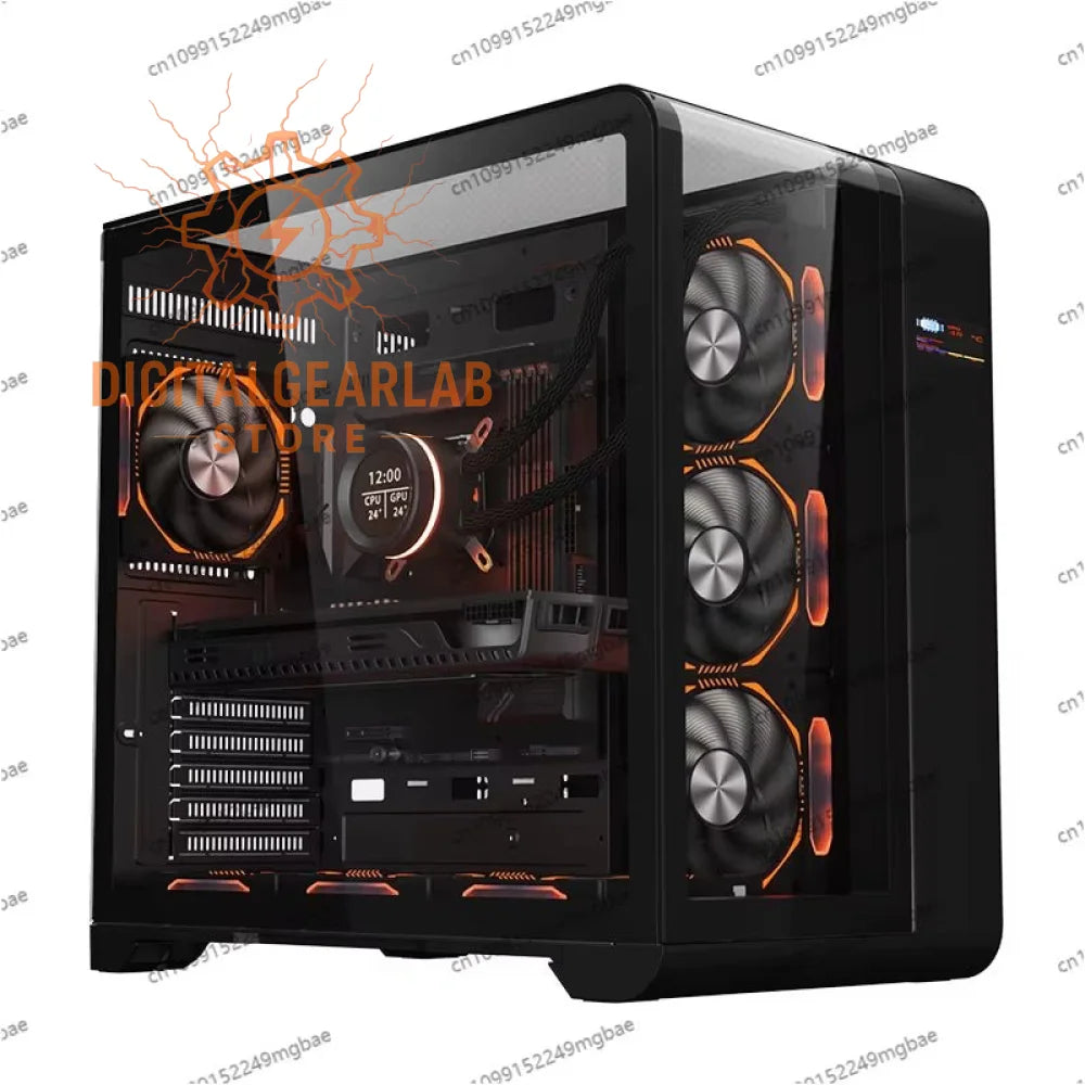 Black and orange gaming pc case with transparent side panel, featuring multiple fans for cooling.