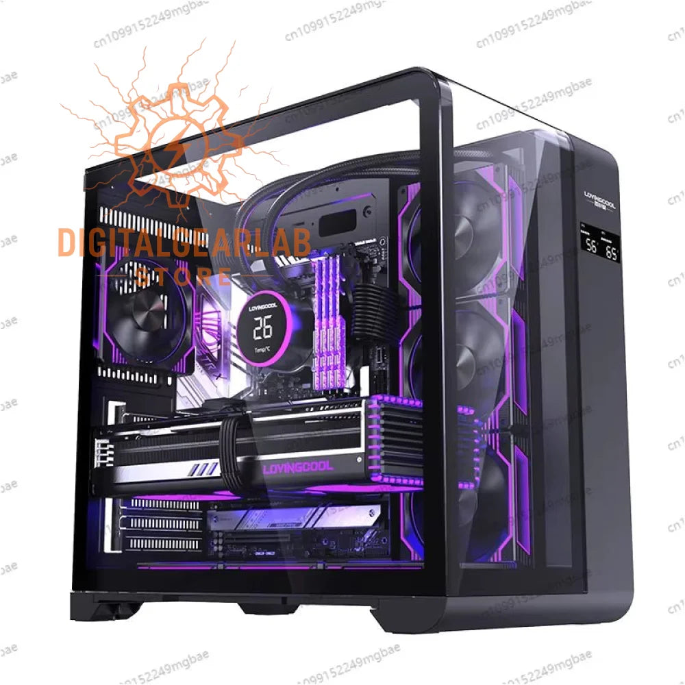 Black and purple gaming pc case with transparent side panel showcasing internal components.