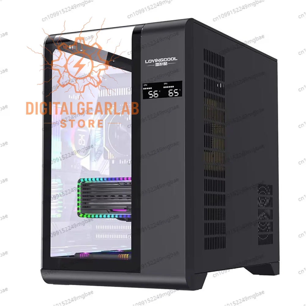 Black gaming pc case with transparent side panel and rgb lighting, featuring a ’lovingcool’ brand logo.