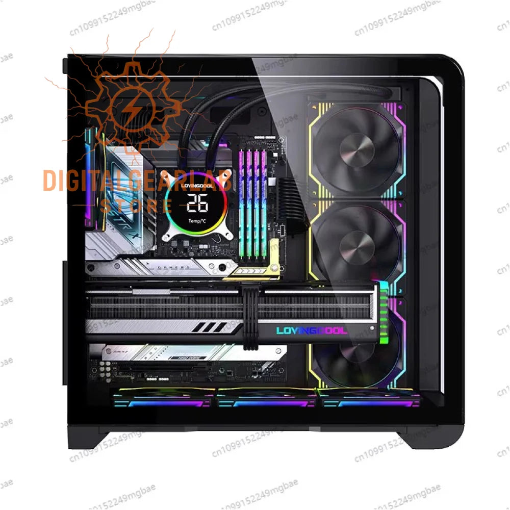 Black and transparent gaming pc case with rgb lighting, featuring a clear side panel for visibility.