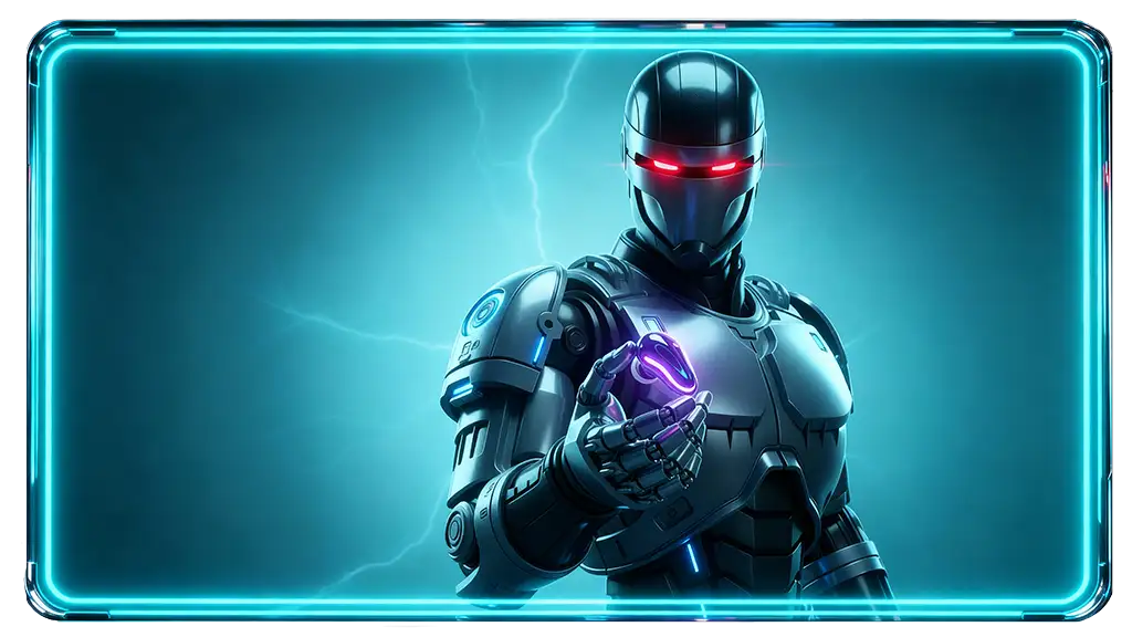 A sleek, black armored robot with glowing red eyes and a purple energy orb in its hand.