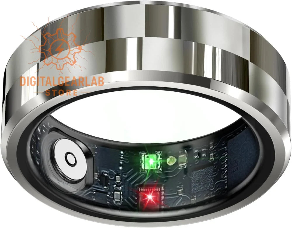 Silver smart ring with red and green lights, circuit board design