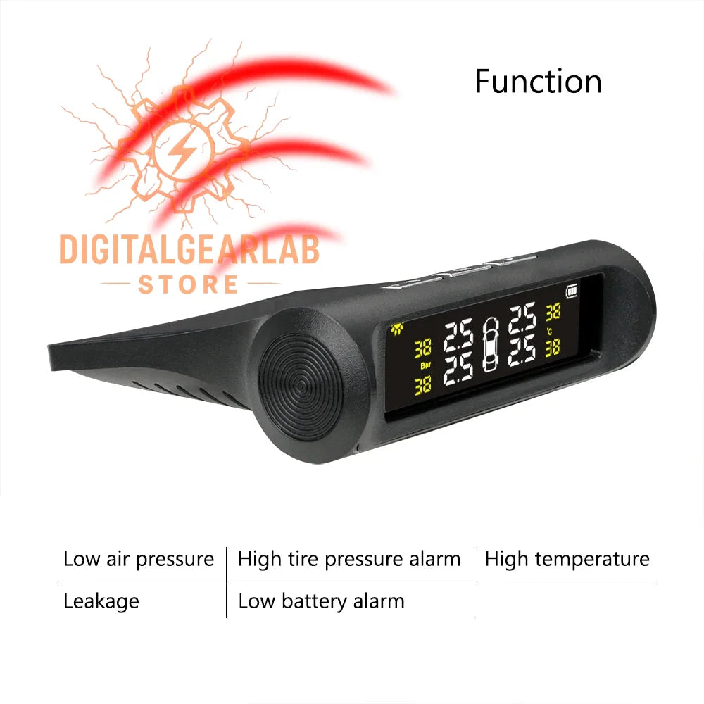 Black plastic tire pressure monitoring system with a digital display showing multiple readings.