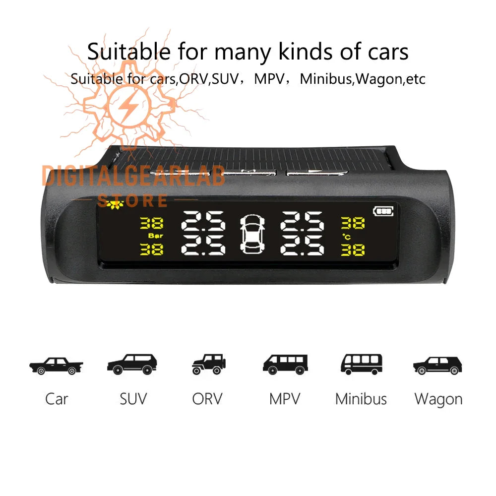 Black solar-powered tire pressure monitoring system with a digital display showing pressure and temperature readings.