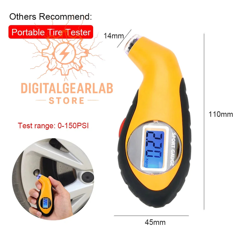 Yellow and black handheld digital tire pressure gauge with a blue lcd screen displaying ’12.0’’ in psi units, labeled as “sport gauge” on its side.
