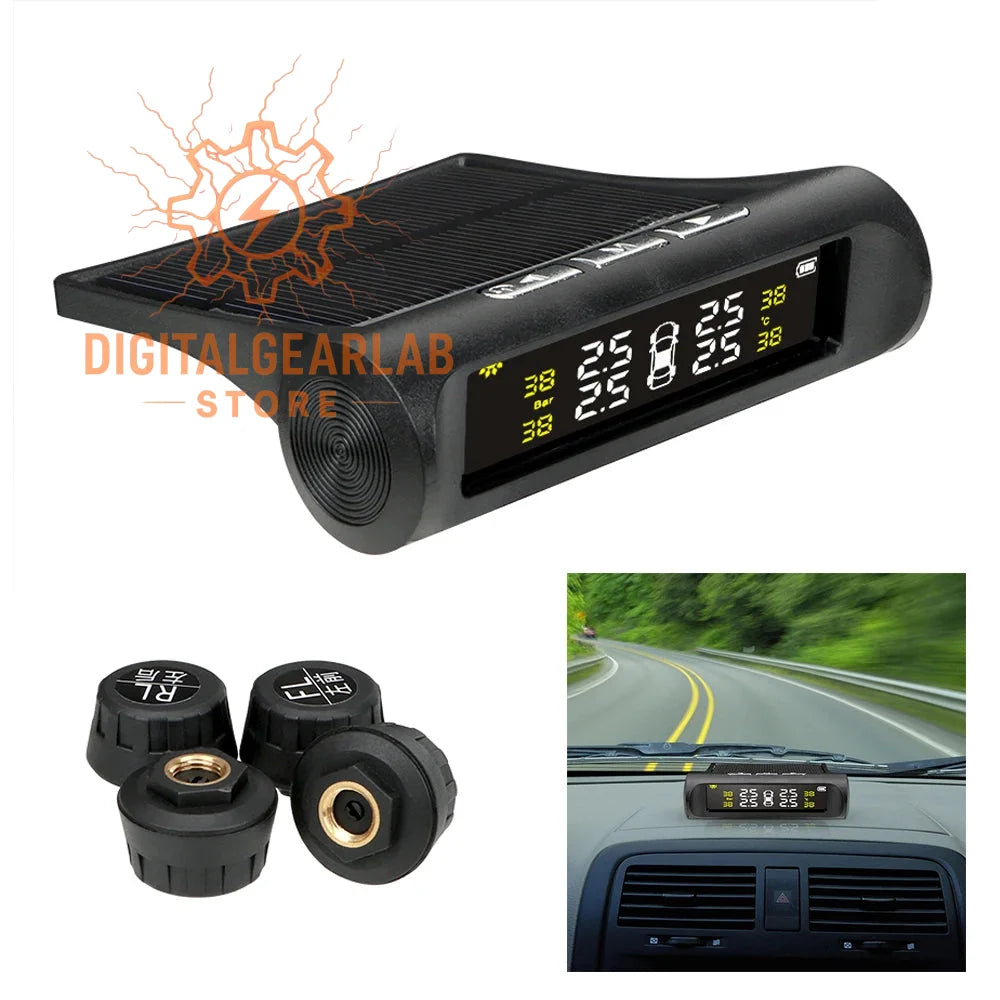 Black solar-powered tire pressure monitoring system with digital display and four black sensor caps.