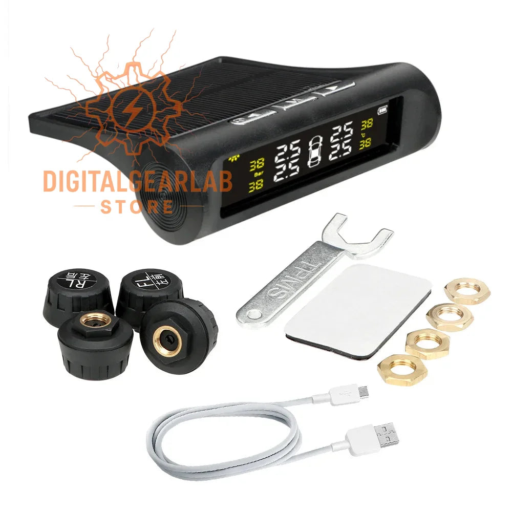 Black digital tire pressure monitoring system with solar panel and display showing four tire pressures, accompanied by sensors, mounting hardware, and a usb cable.