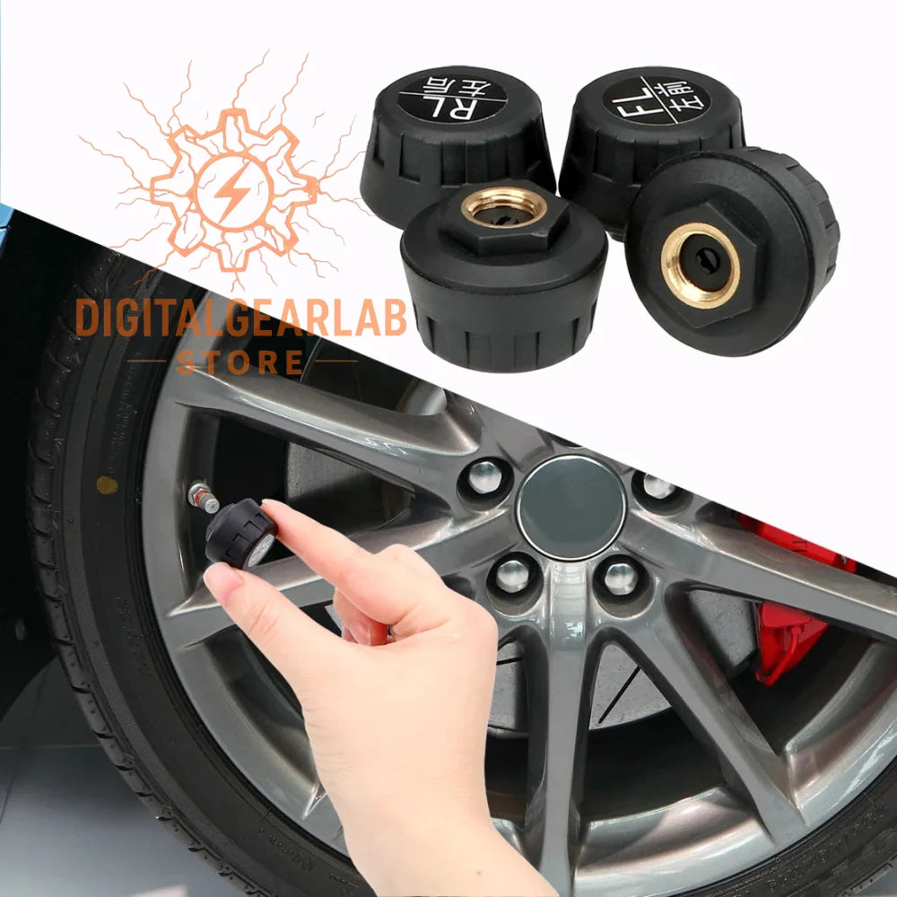 Black tire pressure monitoring system caps with gold-colored threaded inserts and labeled in both english and chinese characters.