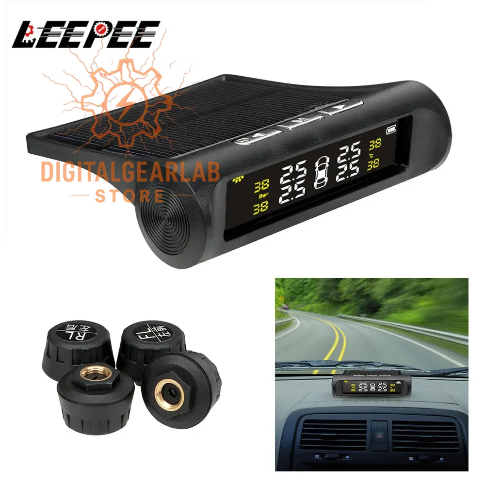 Black leepee solar-powered tire pressure monitor with digital display showing readings for multiple tires.