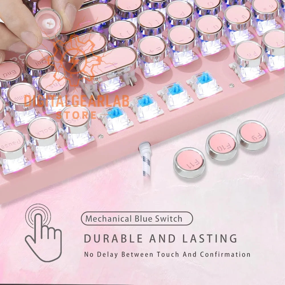 Mechanical blue switch keyboard with pink keys and clear keycaps, durable design.