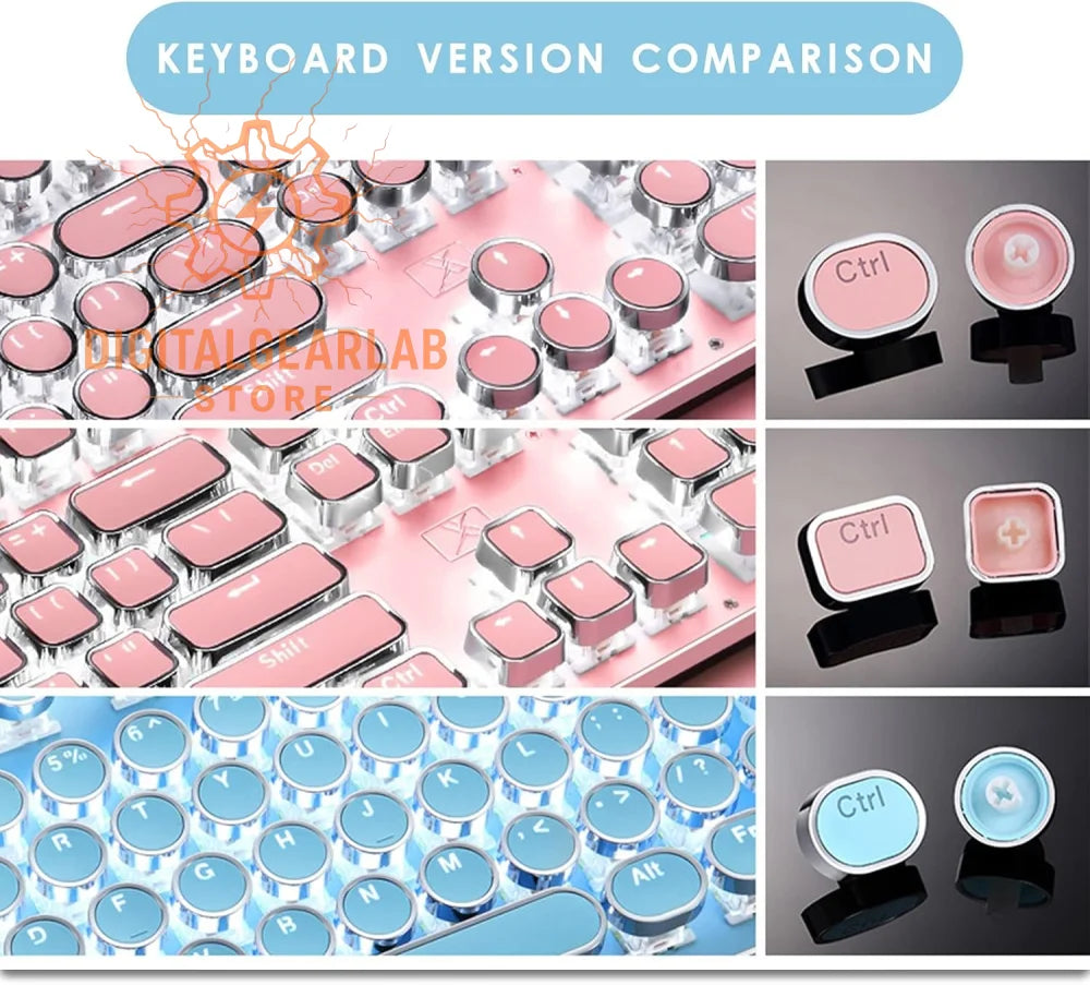 Pink and white mechanical keyboard with blue keycaps, silver accents.