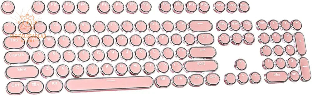 Pink and white keyboard with round keys, likely made of plastic or rubber.