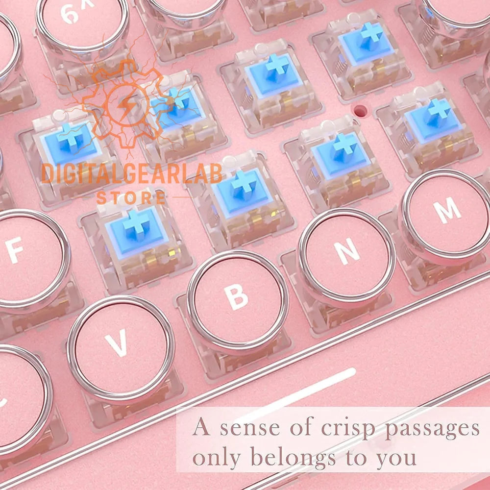 Pink mechanical keyboard with blue switches and silver keycaps.