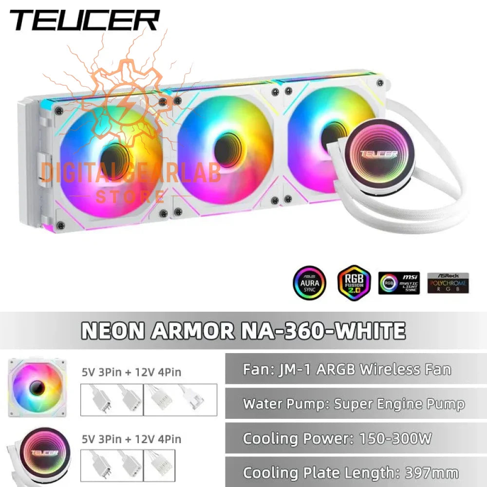 White neon armor cooling system with argb fans and 397mm plate length, compatible with aura rgb lighting.