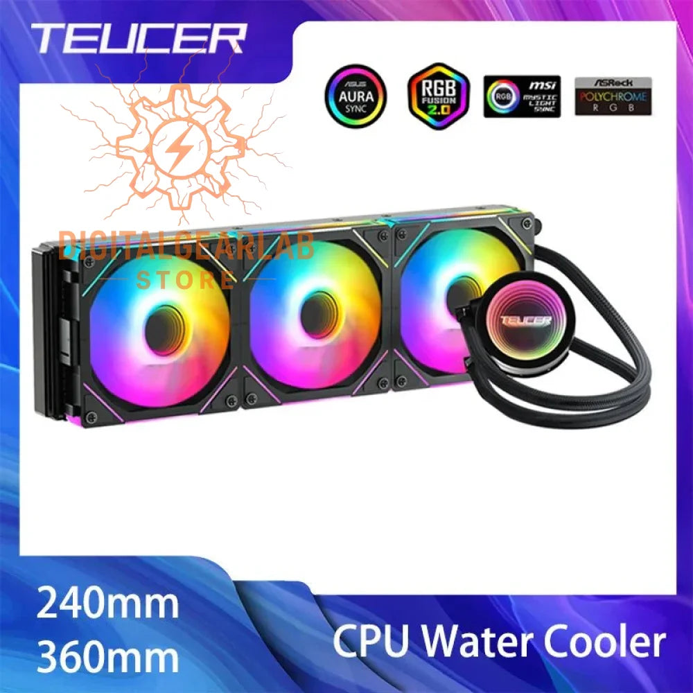 360mm teucer rgb cpu water cooler with aura sync compatibility, featuring a black and white design.