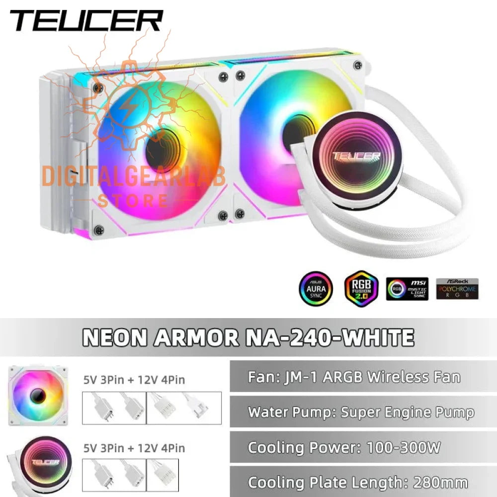 White and black water cooling system with argb lighting, 240mm radiator, jm-1 argb wireless fan, super engine pump, aura rgb compatibility.