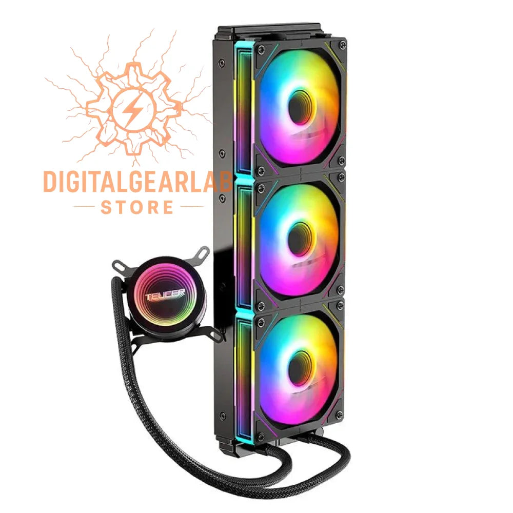 Rgb-lit water-cooling system with a black and silver design, featuring three circular fans.