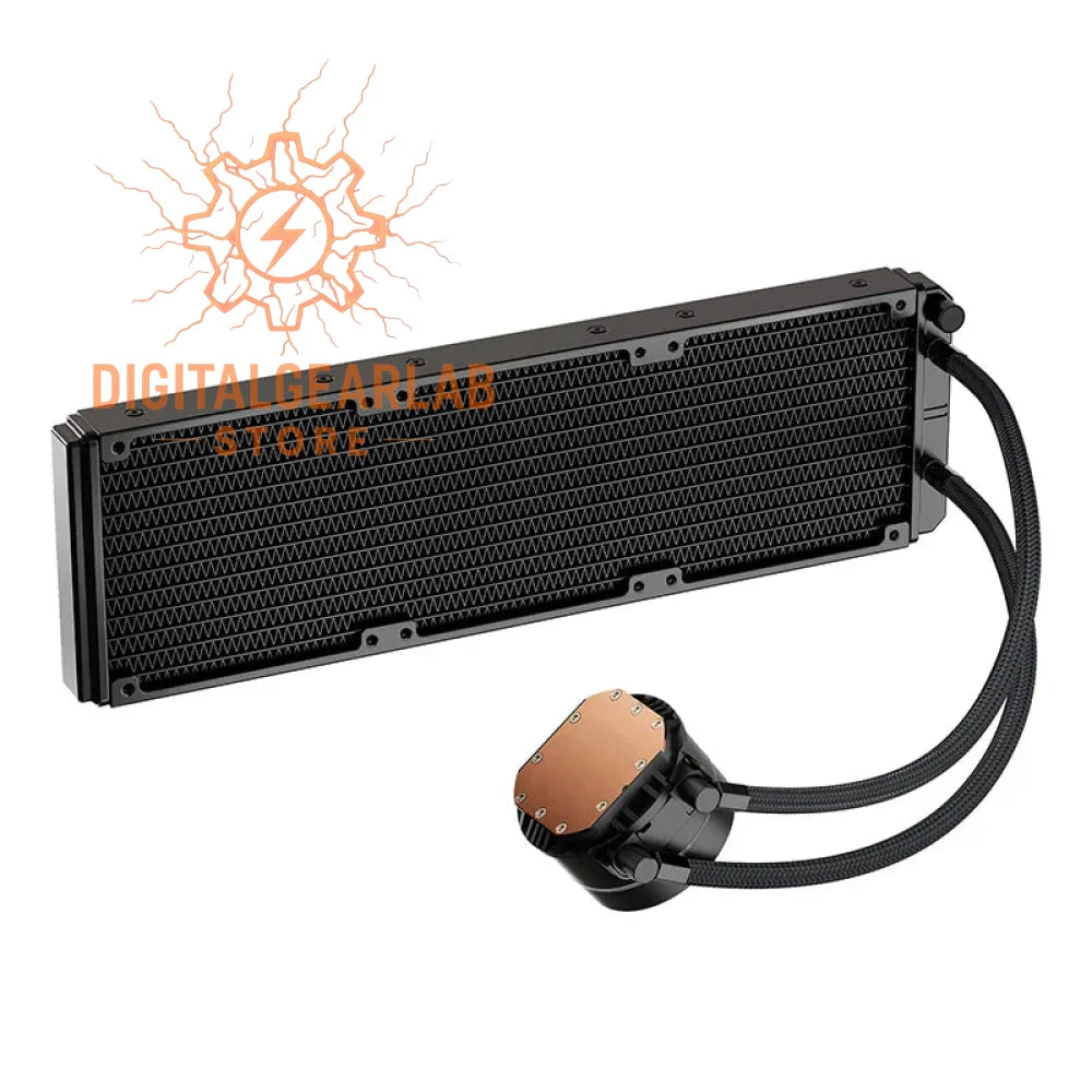 Black copper water cooling radiator with integrated pump and tubing, likely from corsair or nzxt.