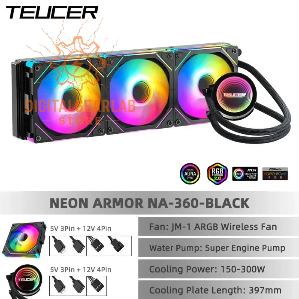 Black and silver water cooling system with argb fans, 397mm plate length, compatible with various pc components.