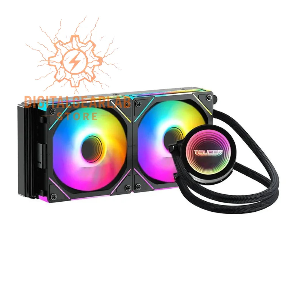 Rgb-lit water-cooling system with dual 240mm fans and a black aluminum block.