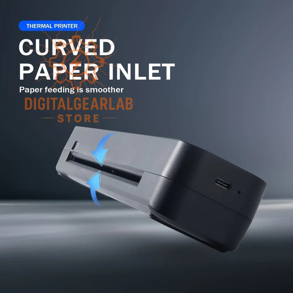 Black curved paper inlet thermal printer with usb port and sleek design.