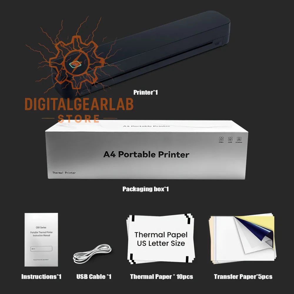 Black a4 portable printer with thermal paper and transfer paper included, compact design for easy portability.