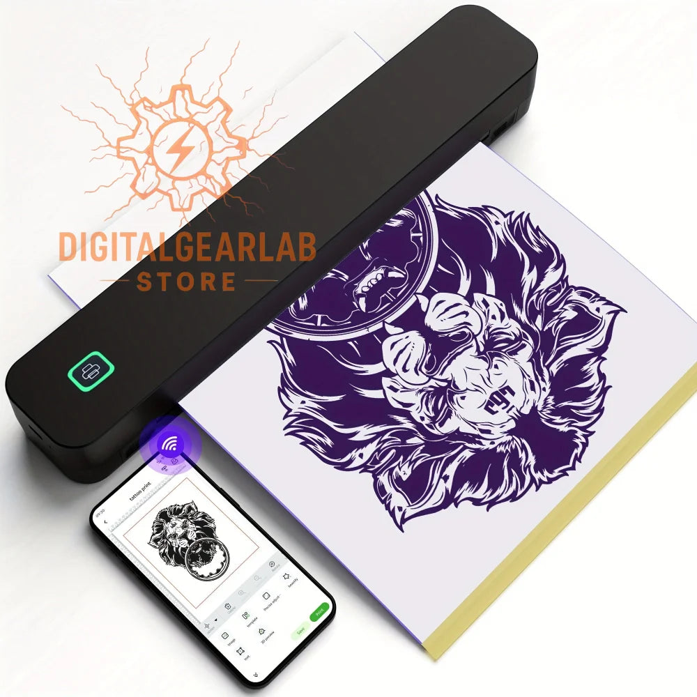 Black tattoo printer with purple design on paper