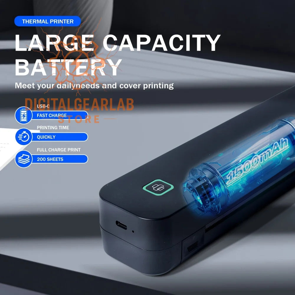 Black and blue thermal printer with large capacity battery