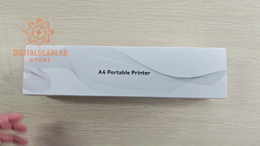 White a4 portable printer box with silver accents and modern design.