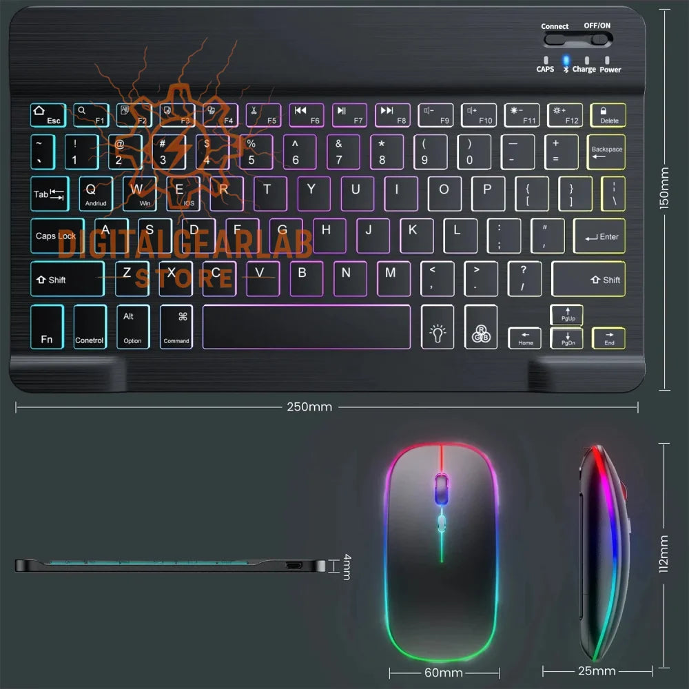 Black wireless keyboard and mouse set with rainbow led backlighting, sleek design, durable plastic construction.
