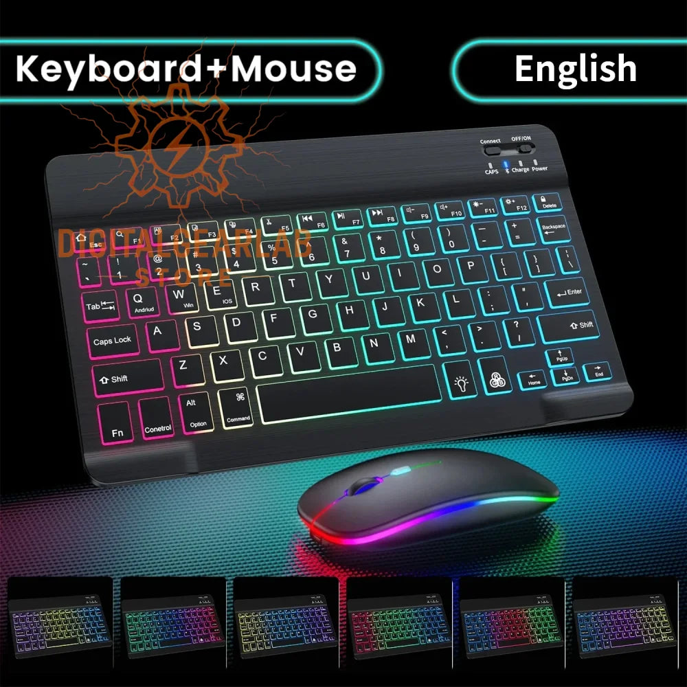 Black and rainbow-colored illuminated keyboard with matching mouse, wireless design.