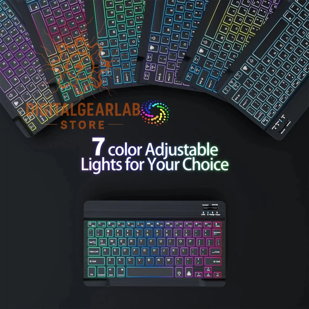 7-color adjustable rgb gaming keyboard with backlit keys and sleek black design.