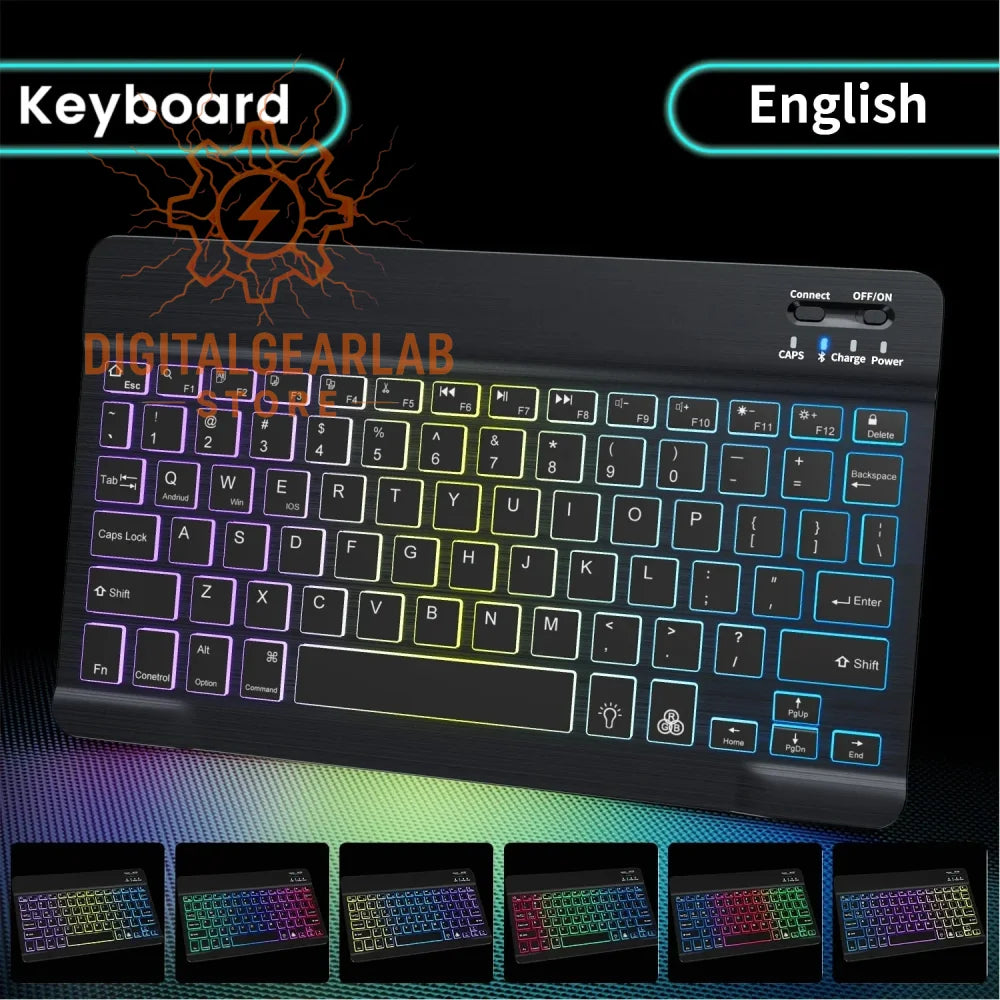 Black and rainbow-colored backlit keyboard with a sleek design, usb port for charging power.
