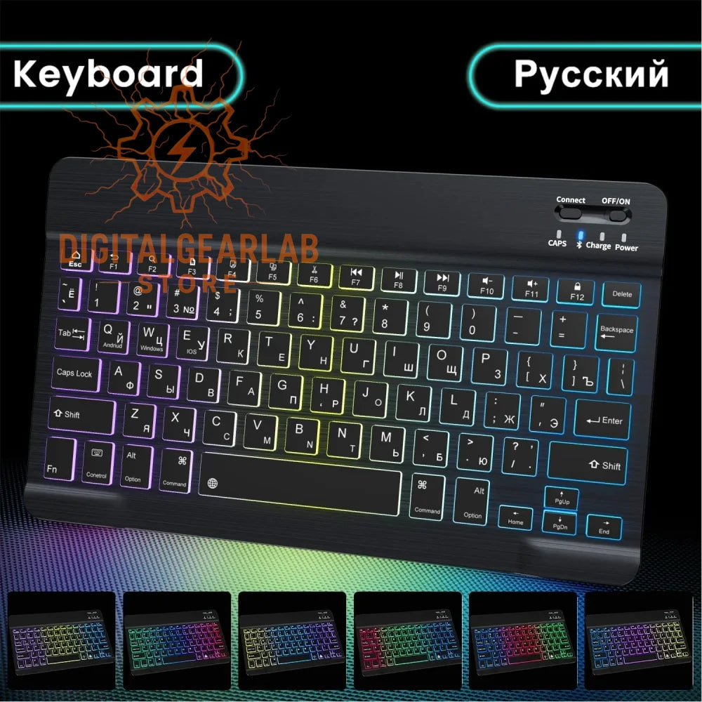 Black wireless keyboard with rainbow backlighting and russian layout