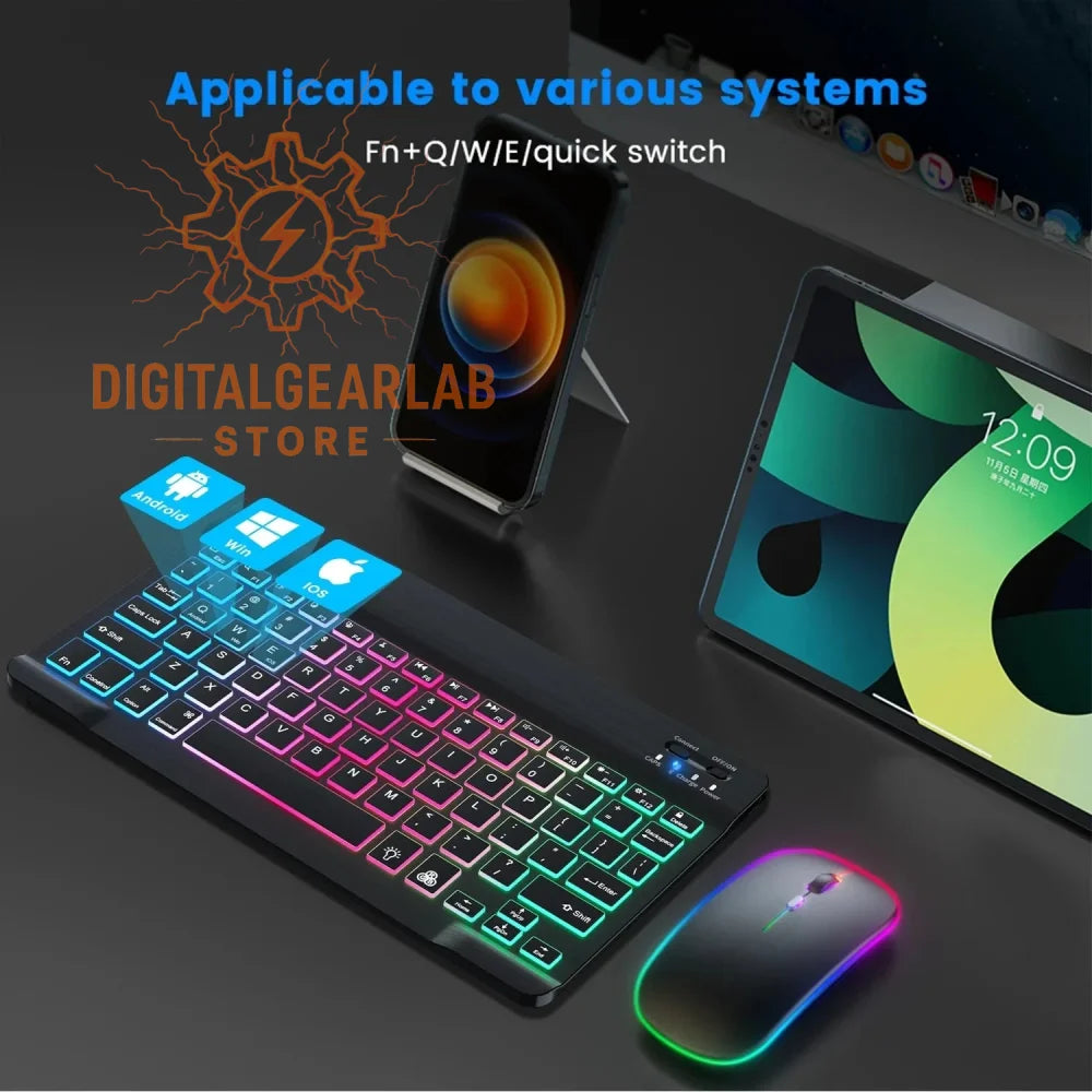 Black and rainbow-colored wireless keyboard with illuminated keys, compatible across various systems.